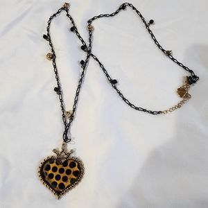 Betsey Johnson Gold tone Leopard crown Rhinestone heart Layered Pendant Necklace